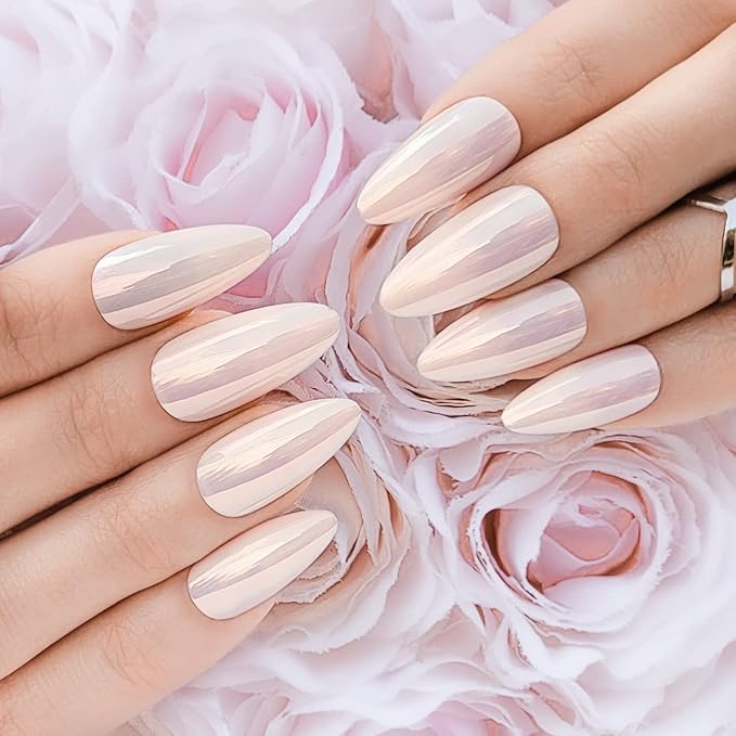 Hypnaughty 24 Pcs Light Peach Almond Chrome Luxury Press On Nails and Glue Reflective Medium Long Pointed Reusable False Nails (Light Peach Almond Chrome)