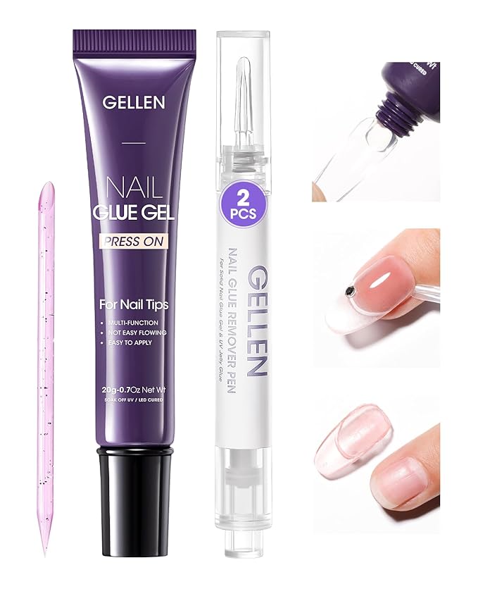Gellen Nail Glue and Remover Kit, UV Gel Nail Glue for Press Ons, 2 Pcs Non Acetone Gel Nail Glue Removers, Long Lasting Semi Solid Nail Glue Gel, Gentle Gel Glue Off for Beginner DIY at Home