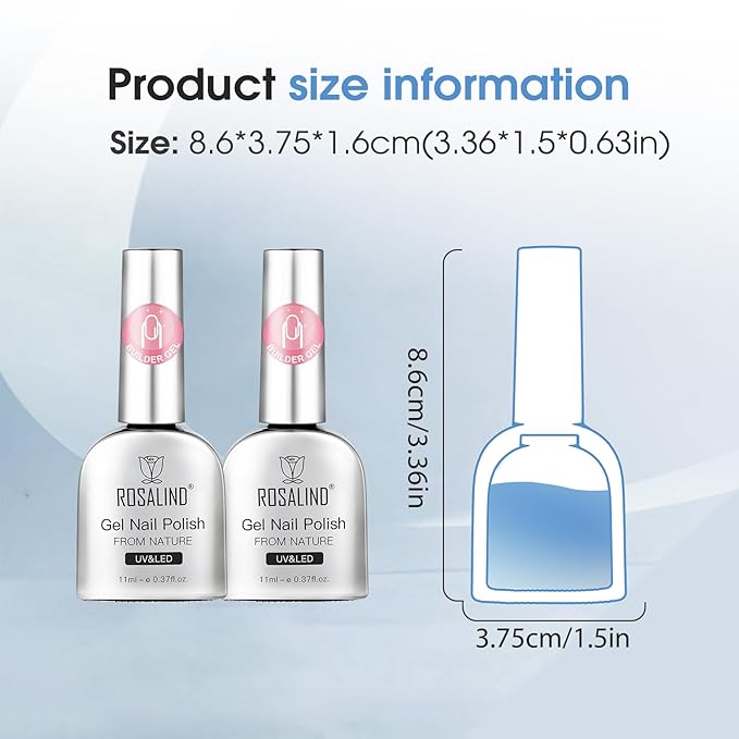 ROSALIND 2pcs Builder Gel for Nails,11ml 7 in 1 Clear Building Gel Nail Strengthener Enhancement Nail Building Nail Apex Soak Off U V Light Cure, Base Coat Top Coat Needed