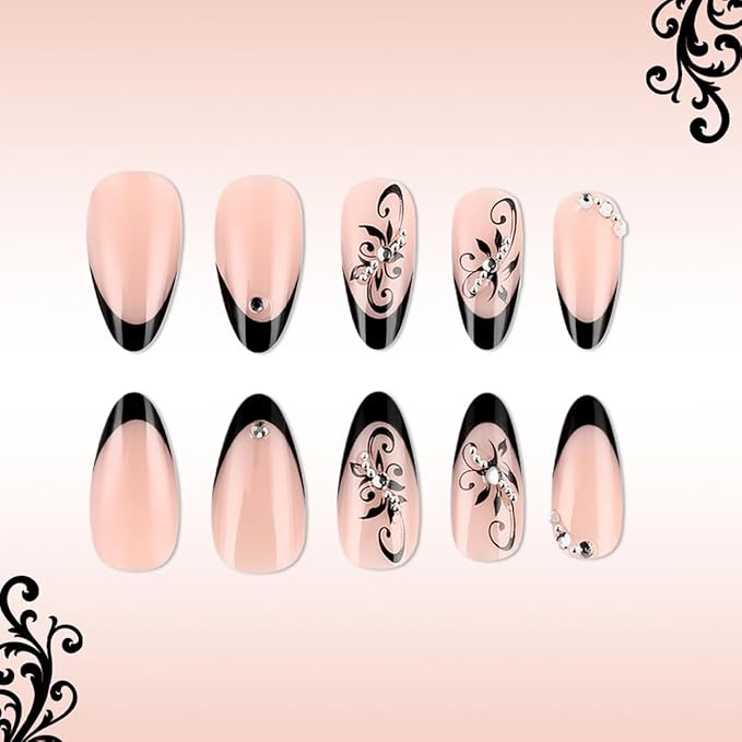 Black French Tip Press on Nails - Short Almond Fake Nails Press ons with Black Flower & Rhinestones Designs, Glossy Acrylic Nails Full Cover Reusable Glue on Nails for Women Manicure 24Pcs