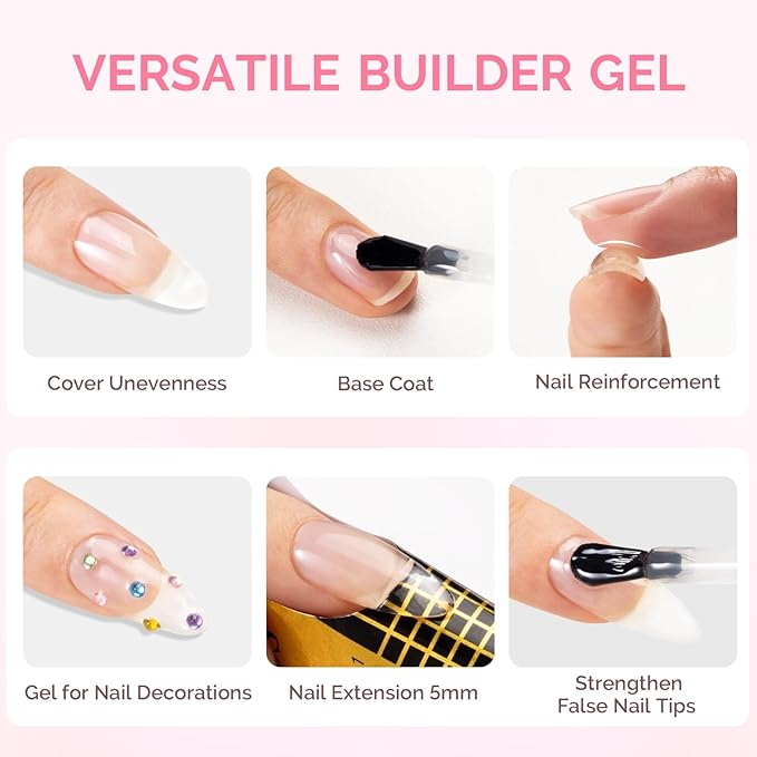 MelodySusie 2PCS 15ML Clear Nude Pink Builder Nail Base Gel for Nails Thickening,Soak Off UV Extension Gel,Rhinestone Nail Glue in a Bottle for Nail Art Design Gift for Women