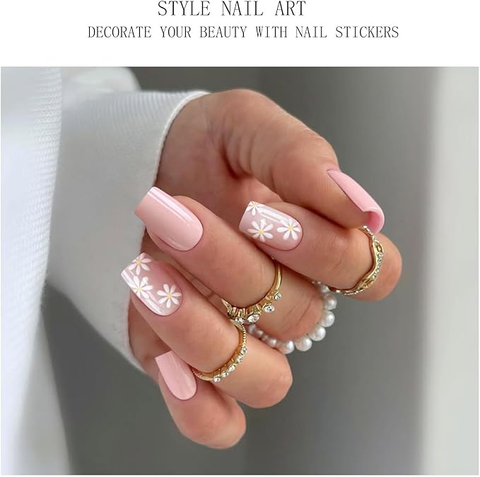 JMEOWIO Gel Nail Stickers Flower Pink Semi Cured Gel Nail Strips Wraps UV/LED Nails Art Design Decoration Accessories