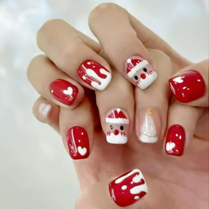 6 Packs (144 Pcs) Christmas Press on Nails Short Square Fake Nails Winter Xmas False Nails with Designs Snowflake Snowman Elk Glue on Nails Full Cover Glossy Acrylic Stick on Nail for Women Manicure