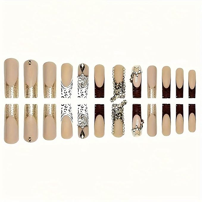 Long Press on Nails Square Xl Fake Nails French Tip Nails Press ons with Designs False Nails long Square Glue on Nail Glossy Full Cover Acrylic Nail for Women 24Pcs