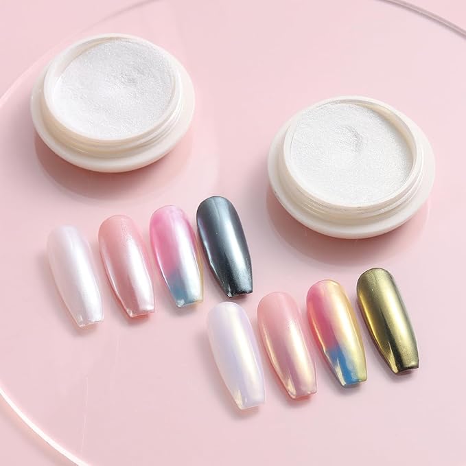 White Chrome Nail Powder - 6 Colors Pearl Chrome for Nails, Mirror Effect Metallic Rubbing Pigment Dust, Glazed Donut Nail Art Pearlescent Glitter Manicure Decor