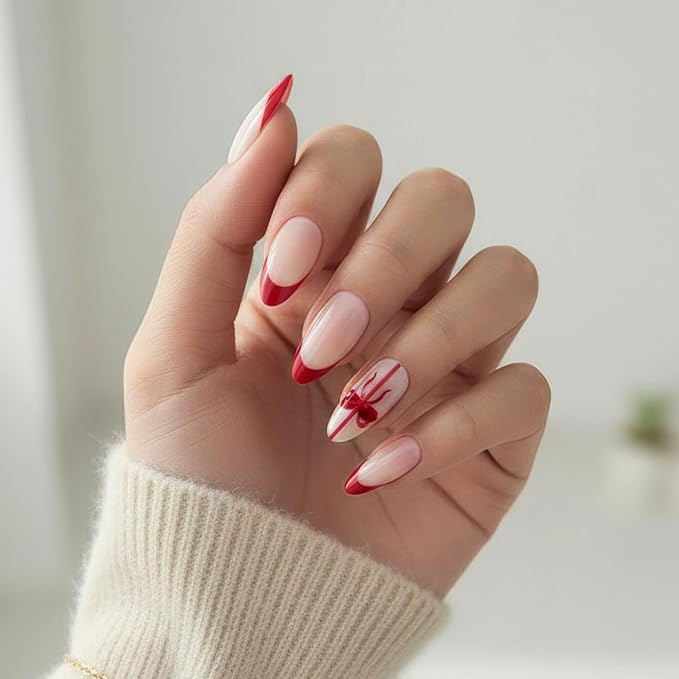 Press On Nails Almond Christmas, French Tip Press on Nails Short, Glue On Nails for Women Gift, Supremely Fit Natural Reusable Stick On Nails in 12 Sizes -24 Fake Nails Kit, French Bow