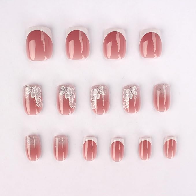 Short Square Press On Nails White Nude Gradient False Nails with White Silver Flowers Acrylic Press in Nails Gel Stick On Nails Set Glue on Nail for Women & Girls 24Pcs