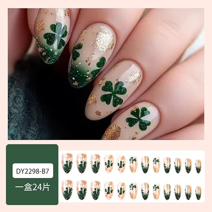 St. Patrick's Day Press on Nails - Short Almond Fake Nails Press ons with Shamrock Designs, Glossy Acrylic Nails Full Cover Glue on Nails for Women Manicure 24Pcs