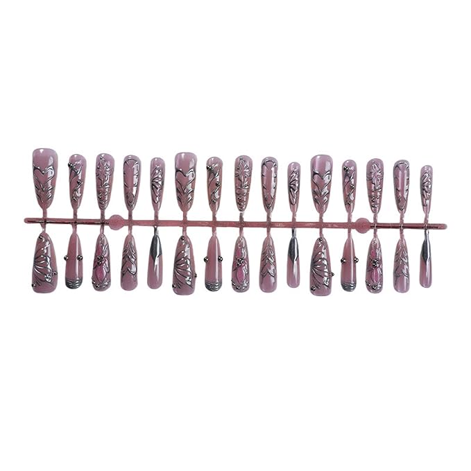 Long Almond Nude Press on Nails with Silver Charm Stick on Nail 24pcs