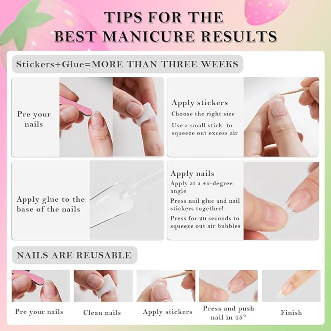 3D Press on Nails Medium Almond with Pink Strawberry Design, White Paw Print Fruite Nail Press ons Glossy Stick on Nails for Women Reusable with Kit, Stick on Cute Fake Nail with Designs Perfectly Fit