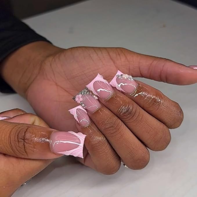 French Tip Press on Nails Handmade Short Duck 3D Floral Thick Acrylic Nails Cute False Nails with Rhinestones Flower Designs Pink Glossy Fake Nail Sturdy Art Press on Nail 10Pcs(M)
