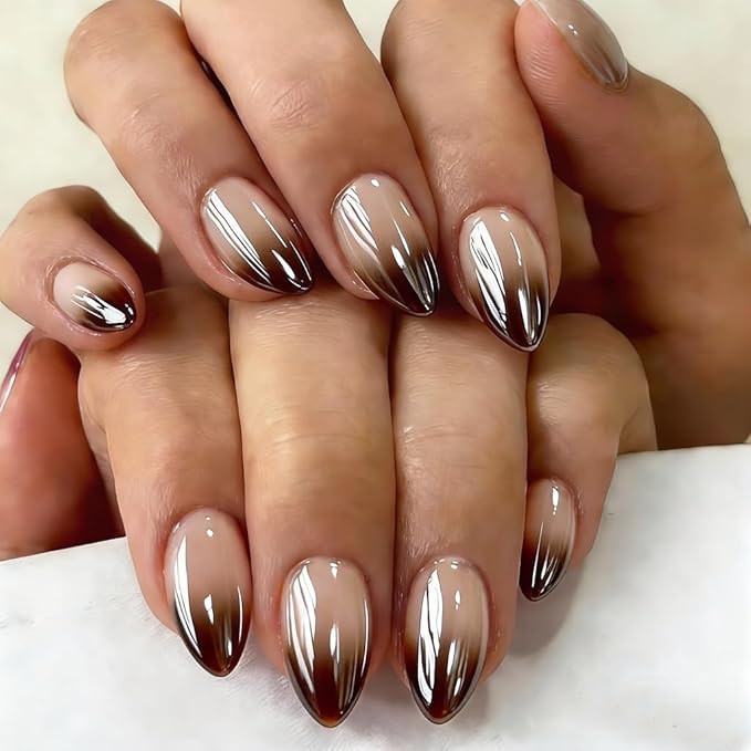 Chrome Ombre Brown Press on Nails Short Almond, Glazed Cute Fake Nails with Sparkle Mirror Design, Shiny Glitter Glue on Nails Stiletto, Gradient Nude Gel Nail Press ons with Glue 30 Pcs