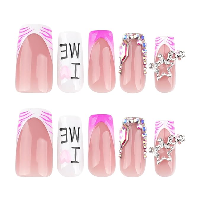 French Tip Press on Nails Medium Square MABKJLF Fake Nails 3D False Nails with Designs Water Ripple Rhinestones Stars Charm Zebra Print Glossy Glue on Nails Acrylic Nails for Women Girls 24 Pcs