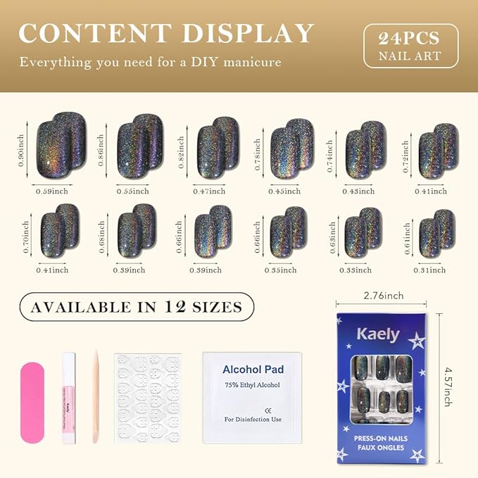 evpct Black Chrome Metallic Cat Eye Press on Nails Square Medium, Stick on Nails Medium Length Square for Women, Black Metallic Nail press ons, Iridescent Glitter Halloween Acrylic Fake Press on Nail