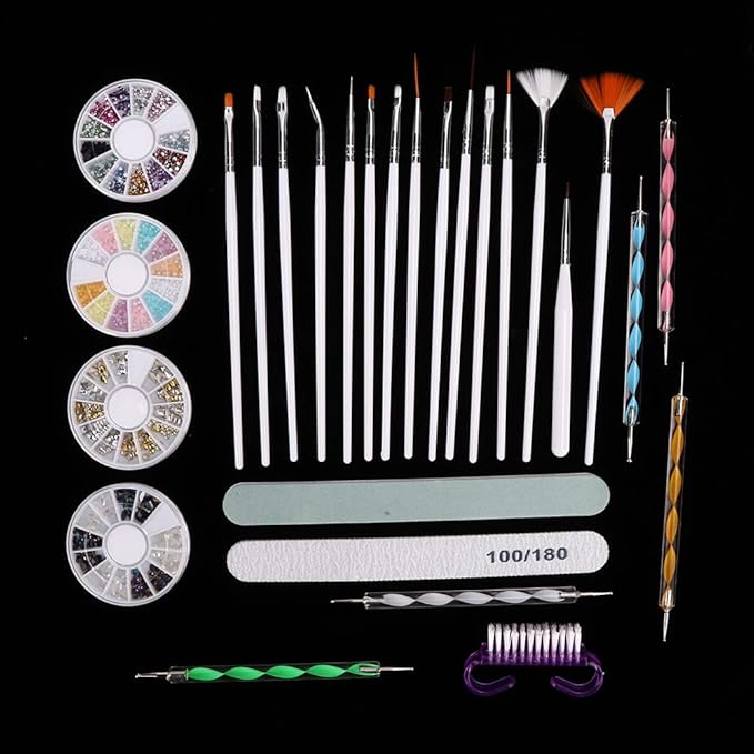 Nail Art Brushes Set, Nail Art Kit, Nail Design Kit with Nail Dotting Tools, Nail File Nail Buffer, Nail Charms and Gems, Rhinestones for Nails, Nail Dust Brush, Nail Design Tools for Home DIY Salon