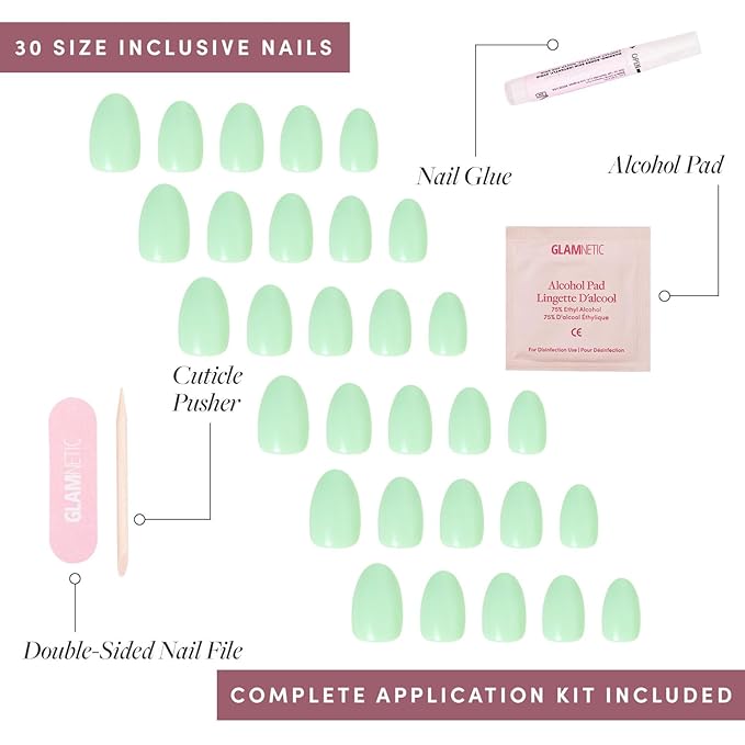 Glamnetic Press On Nails - Mint Green Fake Nails | Solid Opaque Pastel Green Short Oval Nails, Salon Quality | 15 Sizes - 30 Nail Kit with Glue