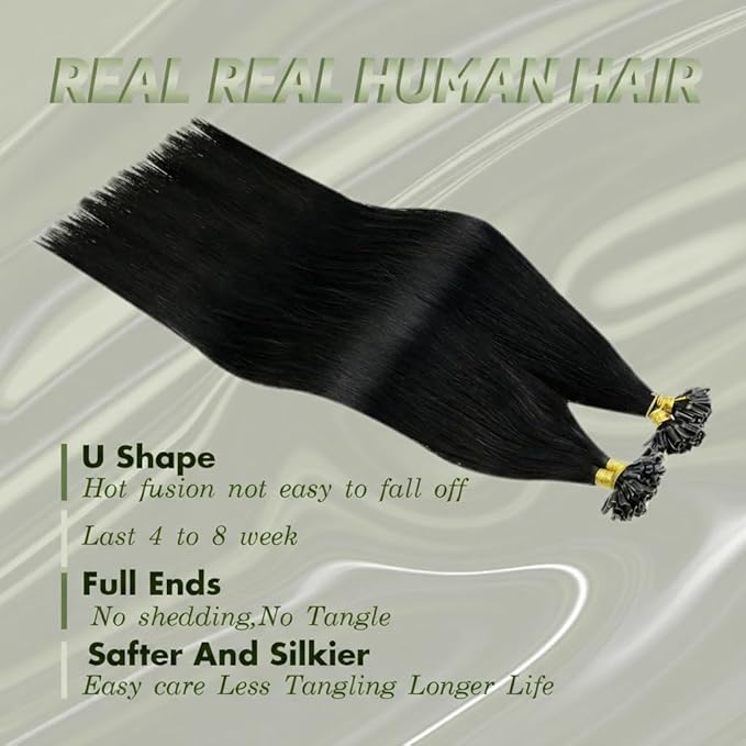 RUNATURE U Tip Hair Extensions Human Hair Black U Tip Hair Extensions Human Hair Jet Black Pre Bonded Hot Fusion Hair Extension 16 Inch Keratin Tip Hair Extension Soft Remy Hair 50g 50s