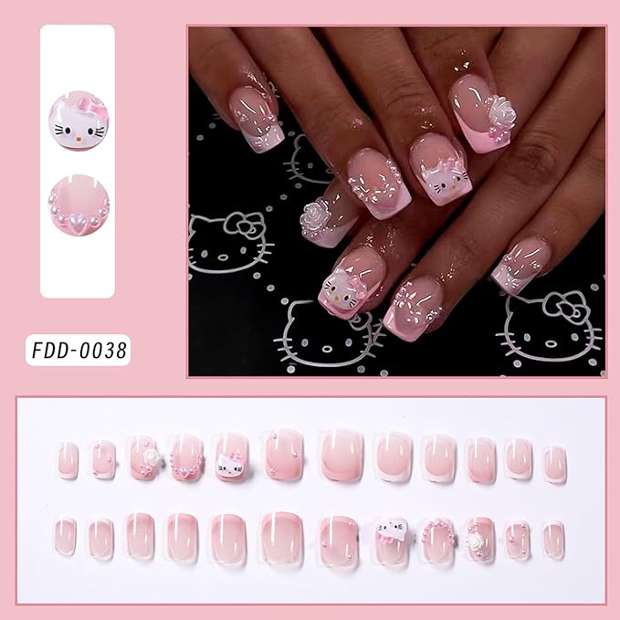 24Pcs Nude Pink French Tip Press on Nails Kit, Fake Nails Extra Short Square with 3D Pearl Designs Cute Cat False Nails French Tip Acrylic Nails Glue on Nails for Women Fashion Fingernails