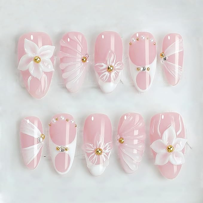 24Pcs White French Tip Press on Nails Medium Almond Fake Nails 3D Flower with Gold Rhinestones Design Ripple Pearl False Nails Nude Full Cover Artificial Glue on Nails Ribbon Stick on Nail for Women
