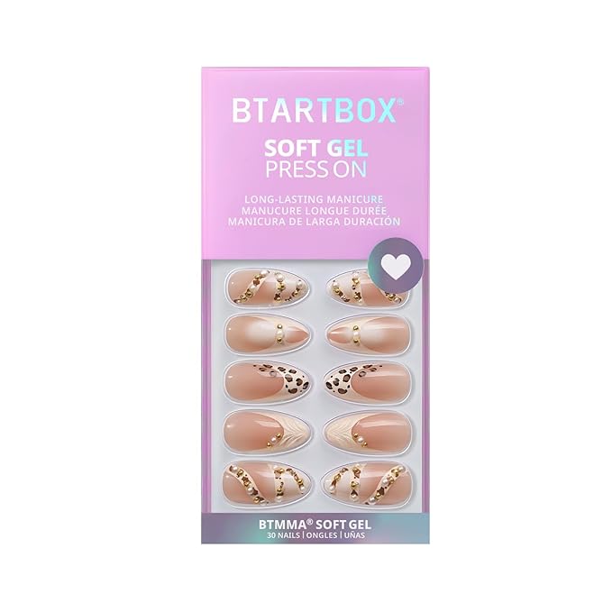 BTArtbox Press On Nails Almond - 3D Pearl Leopard Medium French Tip Press On Nails with Glue for Women, Opaque Soft Gel Glue On Nails in 15 Sizes - 30 Stick On Nails Kit, Cheeky Duo