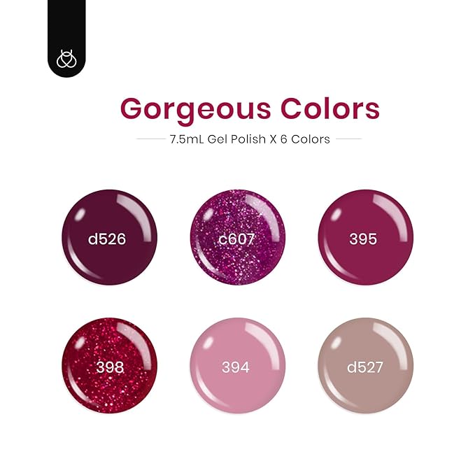beetles Burgundy Gel Polish Set - Berry Merlot 6 Colors Plum Gel Polish, Cherry Mocha Red Glitter Dark Purple Wine Nails Color, U V LED Soak Off Home DIY Manicure Nail Salon