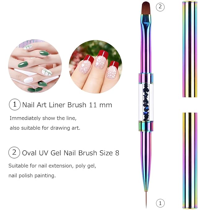 1Pcs Dual-ended UV Gel Nail Brush Rhinestone Handle Nail Art Liner Brush Polygel Hard Builder Gel Nail Brushes Rainbow