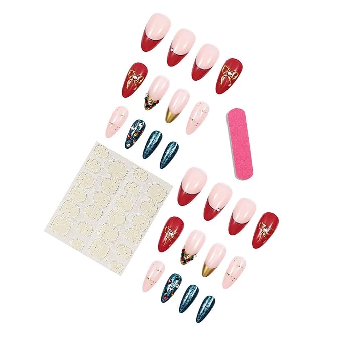 Christmas Press on Nails Almond Fake Nails Medium Artificial Nail Stick on Nail for Women 24pcs