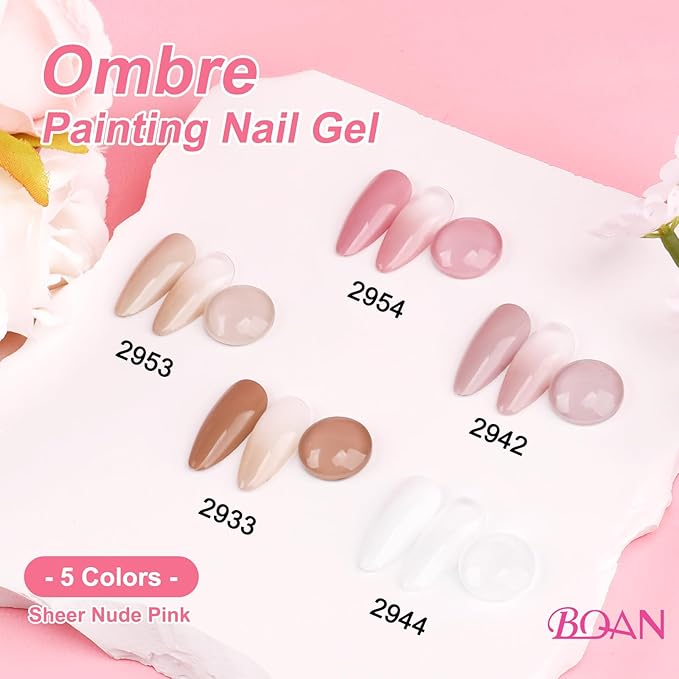 BQAN Patting Gel Polish Kit - Pro Ombre 5 Color Gradient Set with Sponges, Silicone Brush & Palette for French Aura Manicure Salon-Quality DIY Nail Art (Pink White Nude Brown)