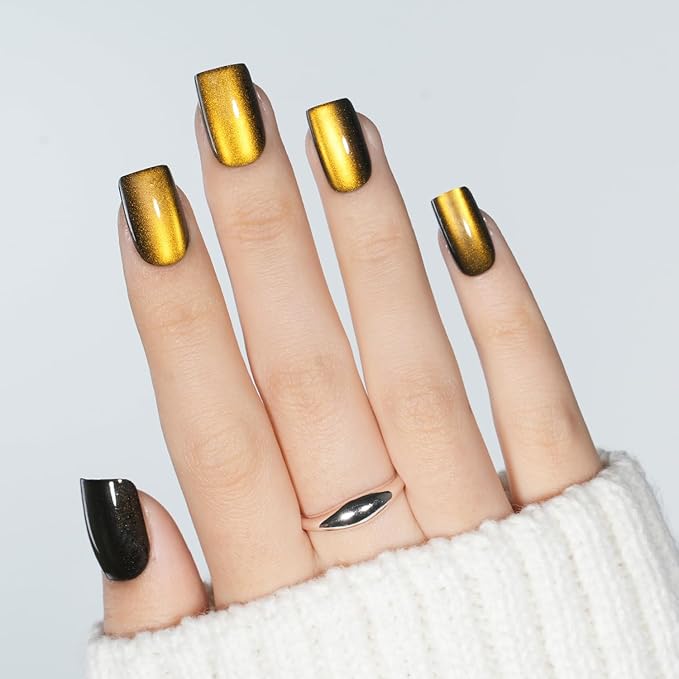 Gold Cat Eye Press On Nails - Short Square Metallic Gold Nails Press Ons for Women DIY Glossy Fake Nails Kit with Glue, Reusable Soft Gel Glue on Nails Short in 16 Sizes - 32pcs, Golden Mirage