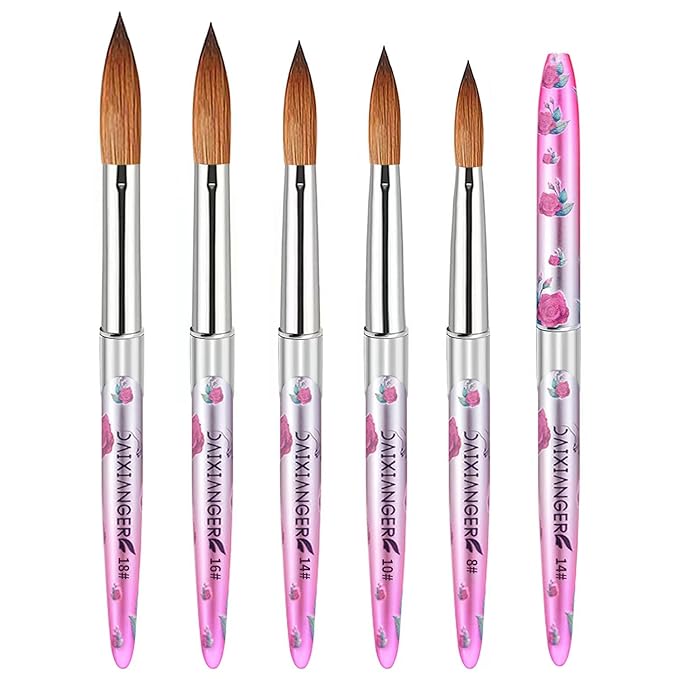 5PCS Valentine Acrylic Nail Brush Set - Size 8/10/14/16/18 Brushes for Acrylic Powder Application, 3D Carving & Nail Art Extension, Pink Flower Handle Nail Tools for DIY Salon Manicure