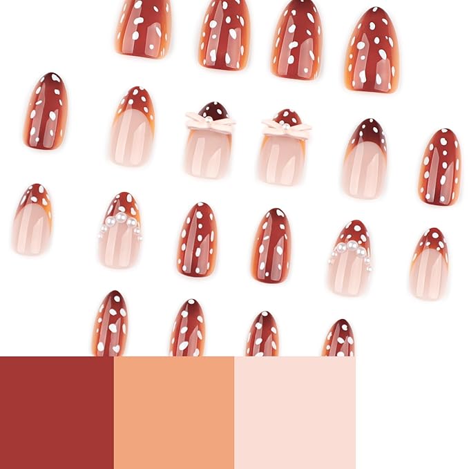 Brown Press on Nails Short Almond Fake Nails with White Spots Design - Fall False Nails French Tip Full Cover Stick on Press ons - for Women 24 Pcs