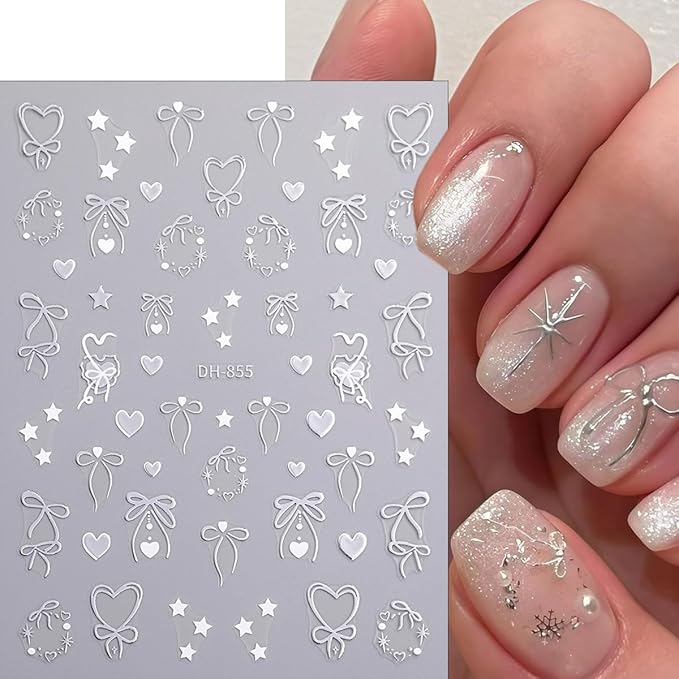 8Sheets Valentines Nail Art Stickers Gold Silver Purple Red Bow Nail Decals 3D Self-Adhesive Colorful Bow Nail Stickers Star Love Heart Sticker Design Cute Nail Supplies Accessories for Women Manicure