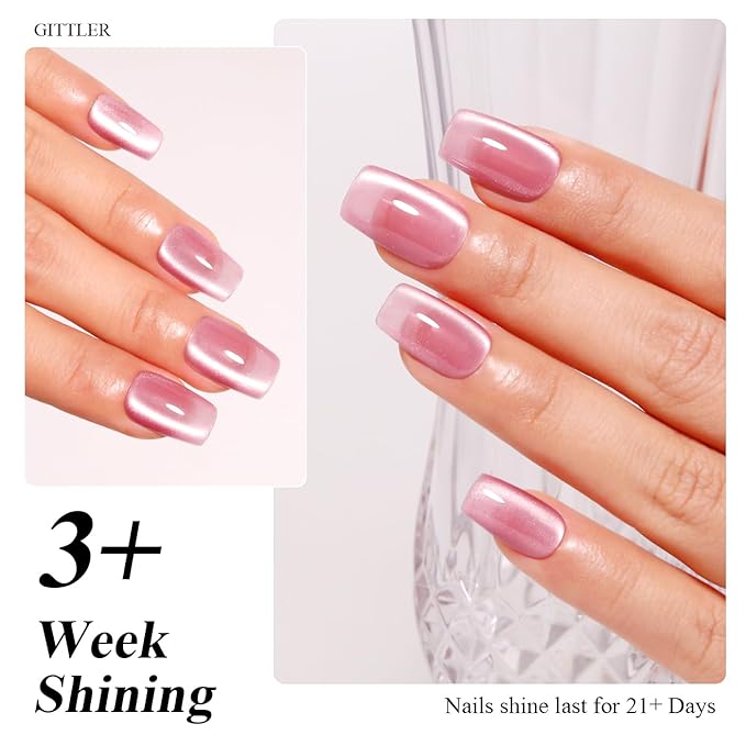 Imtiti Cat Eye Gel Nail Polish, 15ml Jelly Pink Glitter Cat Eye Gel Polish With Magnet Magnetic Crystal Holographic Galaxy Sparkly Soak Off UV Led Manicure