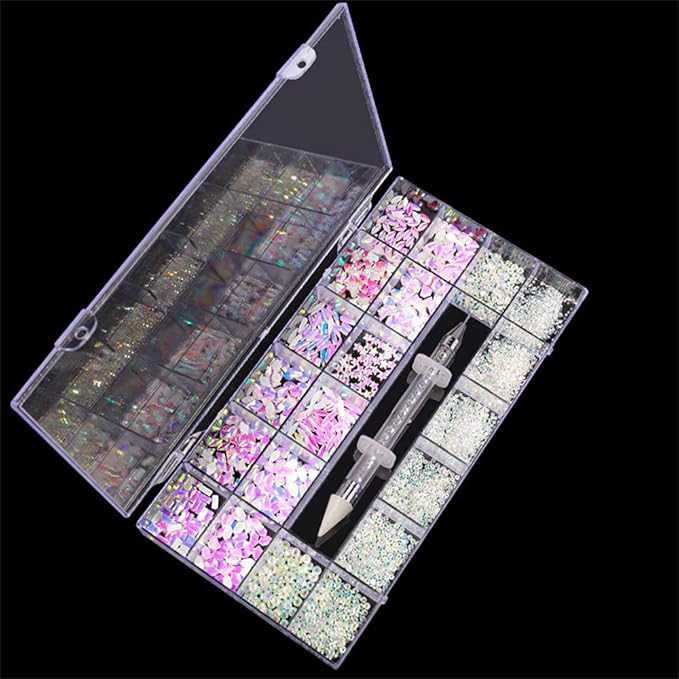 1 Box 21 Grid Mocha Opal Rhinestones for Nails 600 Pcs Multi Shapes Nail Rhinestone Gems Nail Jewels with 2500 Pcs Crystal Rhinestones Diamonds Nail Dotting Pen Kits for Nail Art Craft Acrylic Nails