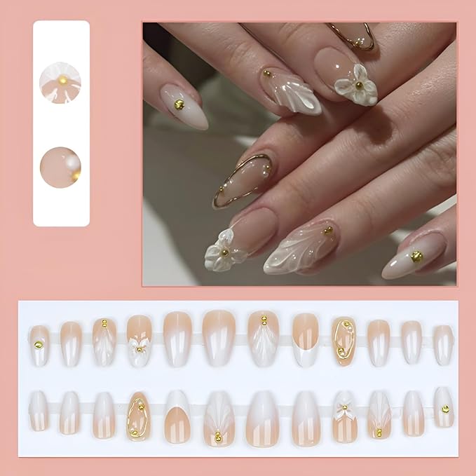 Flower Press on Nails Medium Almond Fake Nails White Nails Press Ons French Tip False Nails with Pearl Design Glossy Glue on Nails Gradient Stick On Nails for Women Decorations Set 24Pcs