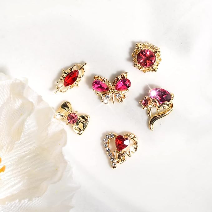 30Pcs Nail Charms 3D Mixed Butterfly Bow Tie Heart Fox Flower Shaped Nail Rhinestones Glitter Gems Metal Gold Rose Red Pink Nail Charms for Girl Women DIY Nail Art Craft Decoration