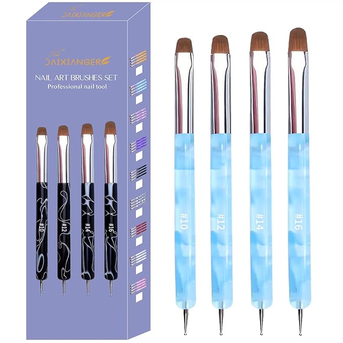 4Pcs French Tip Brush, Double-Ended French Brushes for Nails with Dotting Tool, Clean Up Brush for Gel Nail Polish, Size 10/12/14/16, Acrylic Nail Art Brushes, Manicure Tools for Nail Design-Blue