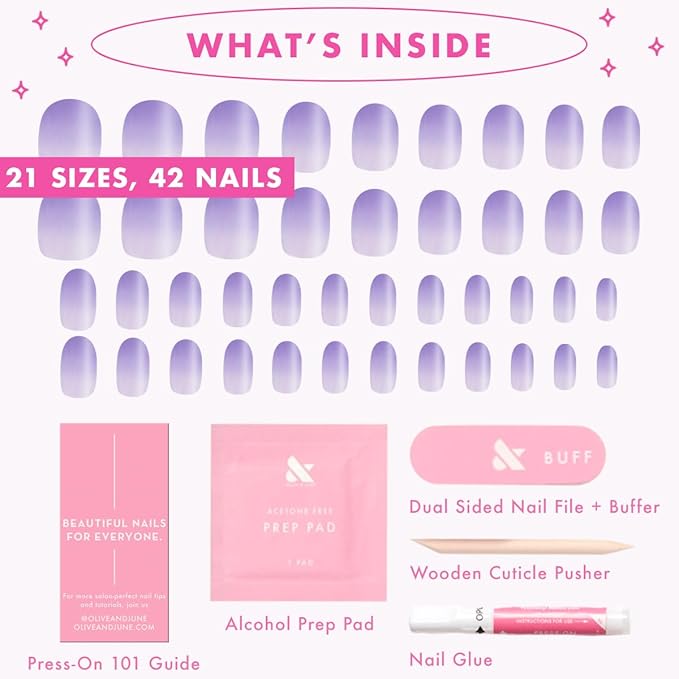 Olive & June Instant Mani Press-On Nails (Glue) | 42 Fake Nails, 21 Sizes | Non-Toxic, Long-Lasting Recycled Materials Realistic Look | Salon-Quality at Home | Medium, Oval | Purple Chrome Gradient