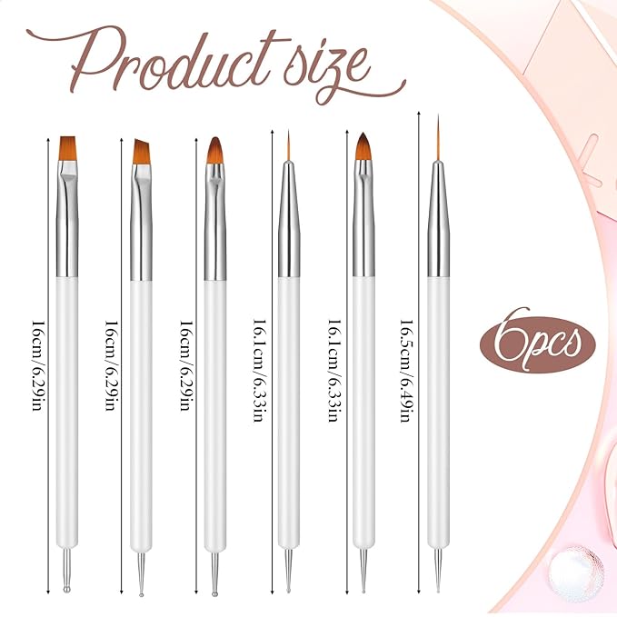 6Pcs Nail Art Brushes Nail Brush Pink Dotting Pen Painting Tools Double-ended Gel Polish Liner Brush Kit Small Detail Brushes for DIY Manicure