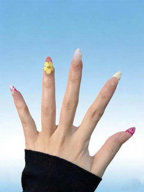 10 Medium Almond 3D Floral Handmade Press On Nails, Vintage Red with seashells and Shiny Rhinestones, Pearls & Cat Eye, Removable and Reusable,All Seasons(A013, M)