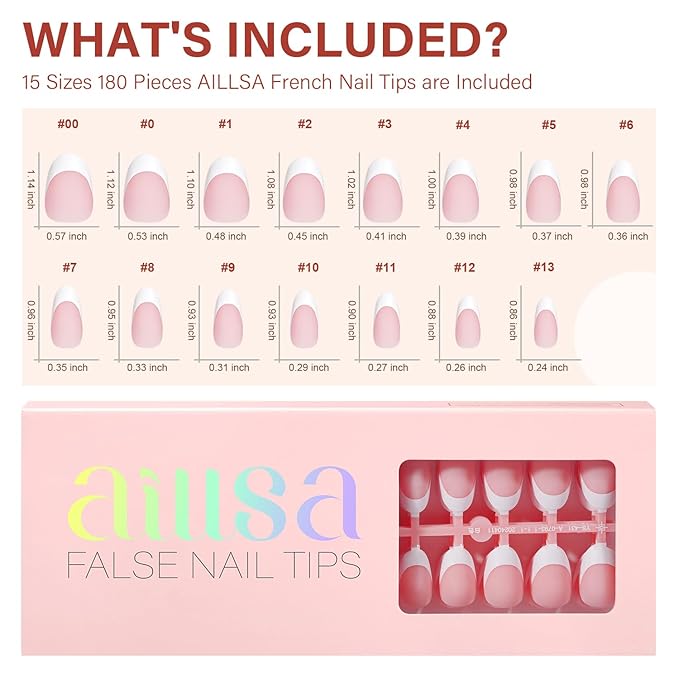 AILLSA French Gel Nail Tips, 180 Pcs Pink French Tip Press on Nails Short Almond, Pre-Applied Primer & Base Coat, No Need File, Soft Nail Tips, Fake Nails for Nail Art DIY 15 Sizes