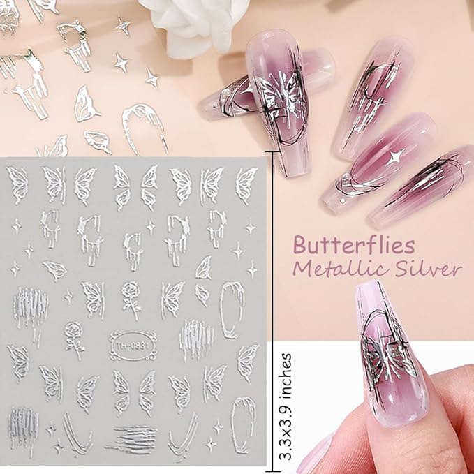 9 Sheets Gold Silver Nail Art Stickers 3D Laser Silver Stripe Line Nail Decals Self-Adhesive Metallic Butterflies Love Stars Gold Nail Stickers for Wome Girls French Nail DIY Decoration Accessories
