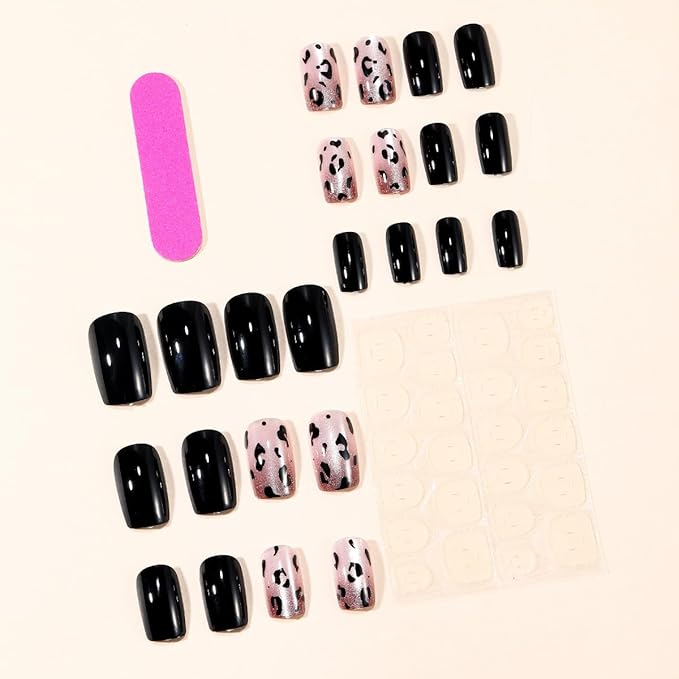 Black Leopard Press on Nails Short Square Fake Nails Glossy Cat Eye False Nails Press ons Reusable Artificial Nail Full Cover Gradient Stick on Nails for Women Manicure 24Pcs