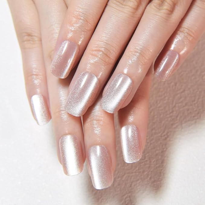 Light Nude Cat Eye Press on Nails Medium Square, Medium Square Press Stick on Nails Chrome for Women Gift, Nude Holographic Glitter Glossy Reusable Soft Gel Acrylic Fake Nail with Cateye Effect Design