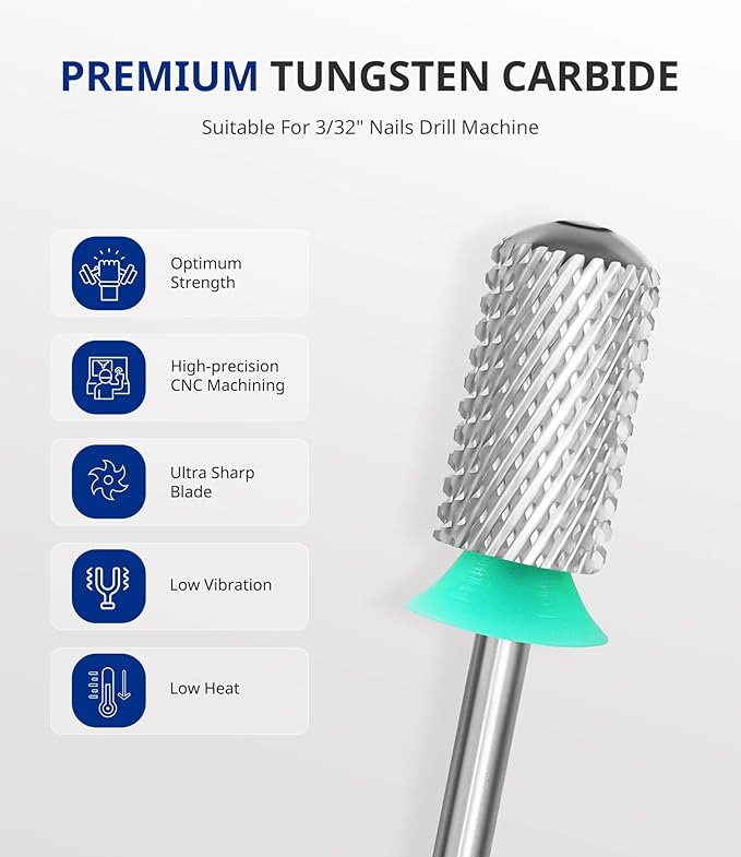 AIRSEE Tungsten Carbide Acrylic Nail Drill Bit Efile Electric File Machine Head Tip for Manicure Polishing Art Remove Gel 3/32" 2 Way Beginner Safety Round Top Cylinder Barrel Coarse-C