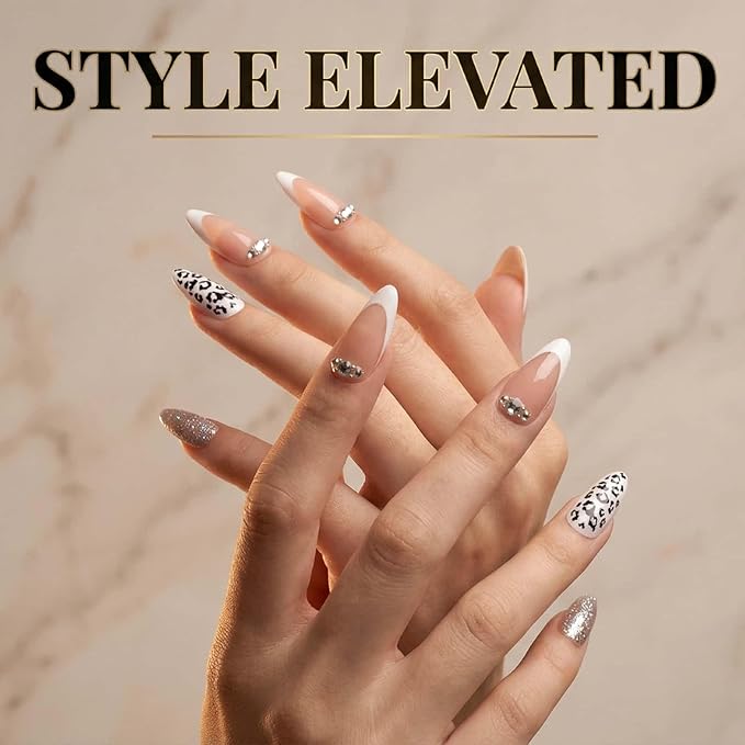 French Tips Press on Nails White with Drill Leopard Print Almond Fake Nails Nude Medium Length False Nails with Designs Full Cover Print Glitter Acrylic Glue on Nails for Women 24 Pcs
