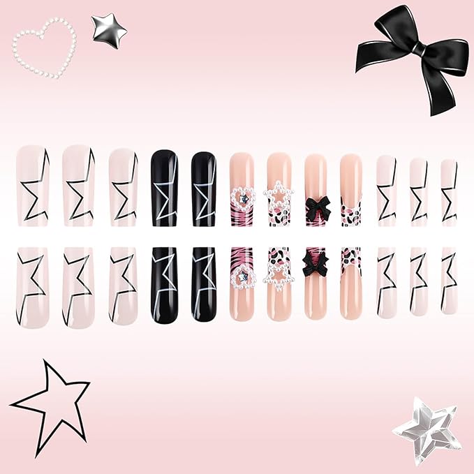 Long Press on Nails Square Pink French Tips Fake Nails with Star Charms Designs False Nails Press ons Glossy Glue on Acrylic Nails Black Full Cover Y2K Stick on Nail for Women Girls 24Pcs