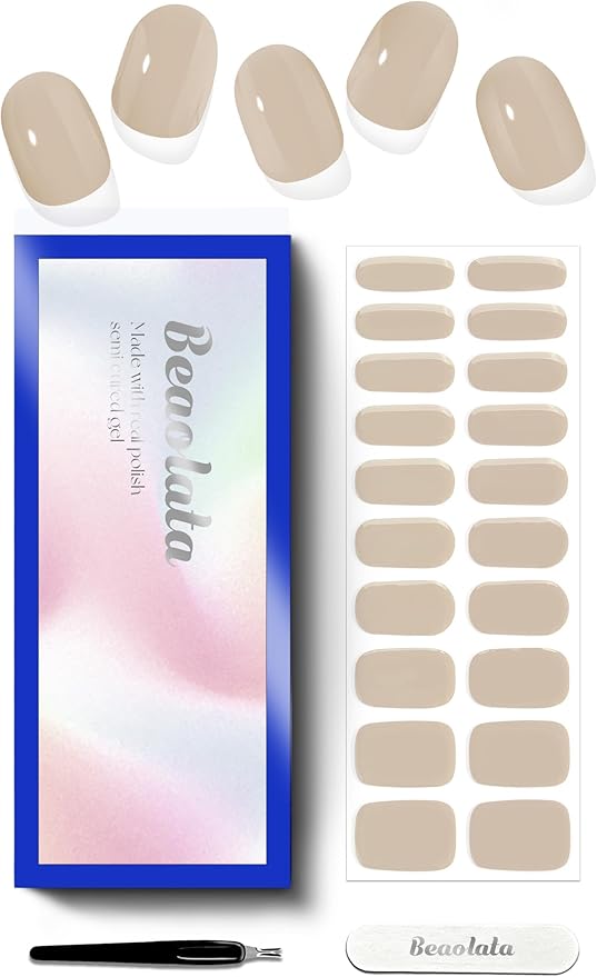 Semi Cured Gel Nail Strips - UV Light Gel Nail Stickers - 20 Long Lasting Salon Quality Wraps (Almond Cream Nude)