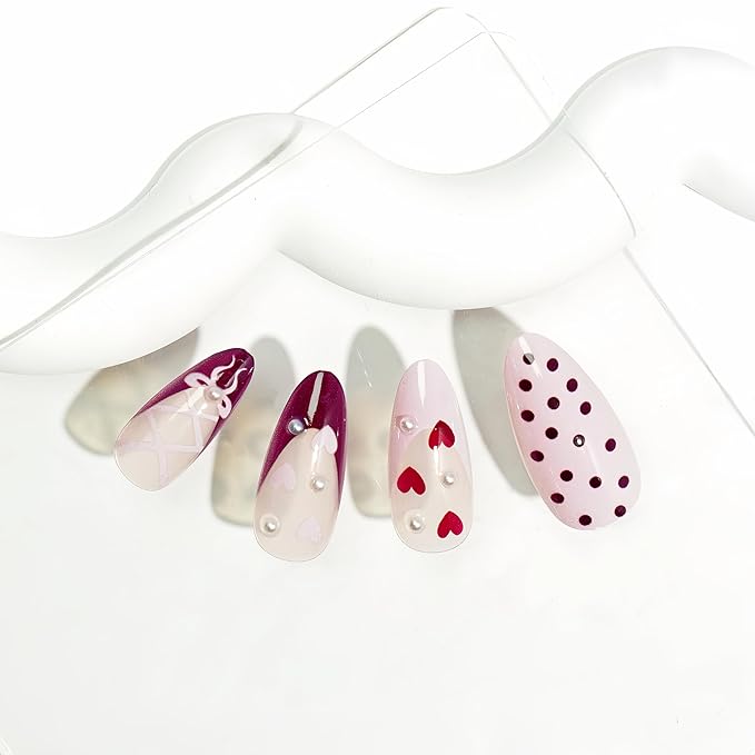 24Pcs Valentines Day French Tip Press on Nails Medium Almond Fake Nails with Pearl Bow Heart Designs Glossy False Nails Cute Polka Dots Burgundy Glossy Acrylic Nails Pink Heart Stick on Nail for Women