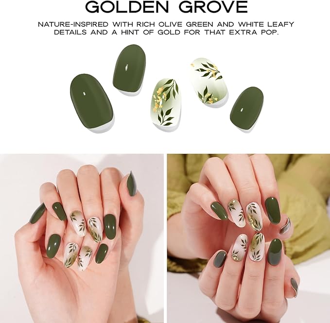 Semi-Cured Gel Nail Strips - 20 Salon-Quality Gel Sticker with UV Light Required, Long Lasting, Easy Application & Removal, Includes Prep Pad, Nail File, Wooden Stick (Golden Grove)